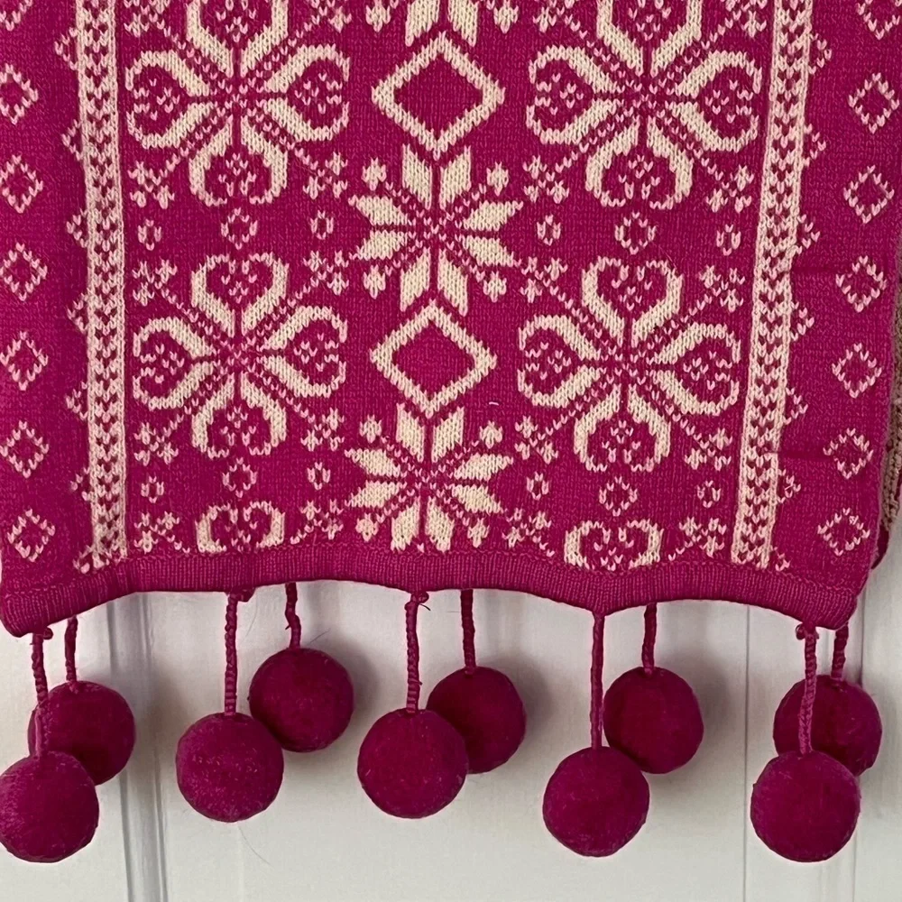 Bloomingdales Cashmere Wool Nordic Alpine Pom Poms Scarf Hot Pink Ivory Soft New